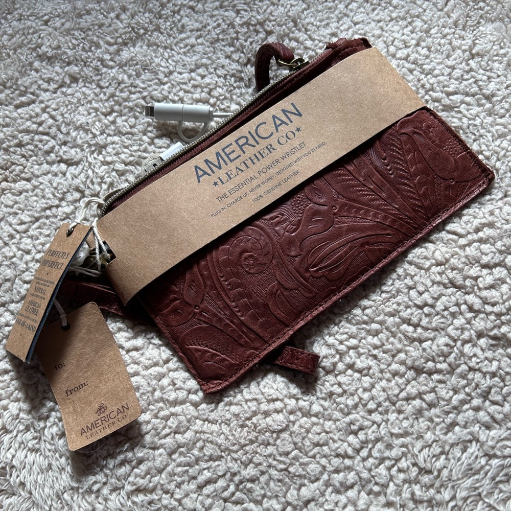 American Leather Co Leather floral embossed essential power wristlet pouch